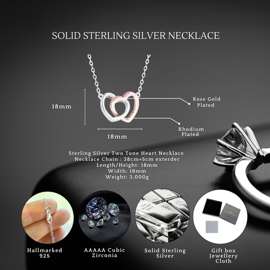 Sterling Silver Cubic Zirconia Rhodium Plated Two Tone Double Heart Necklace