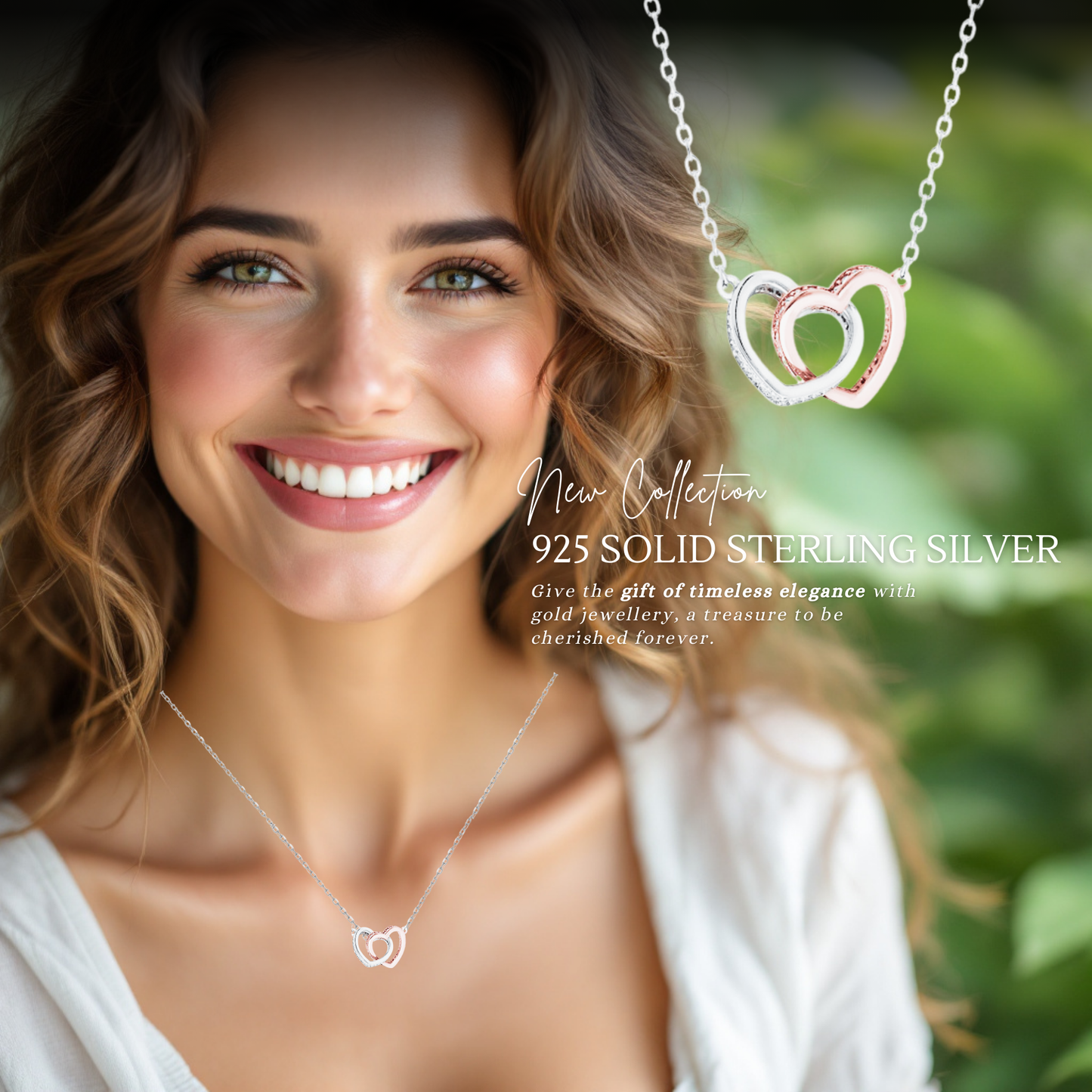 Sterling Silver Cubic Zirconia Rhodium Plated Two Tone Double Heart Necklace