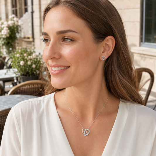 S925 Sterling Silver C/Z Heart Pendant Necklace and Stud Earring Set