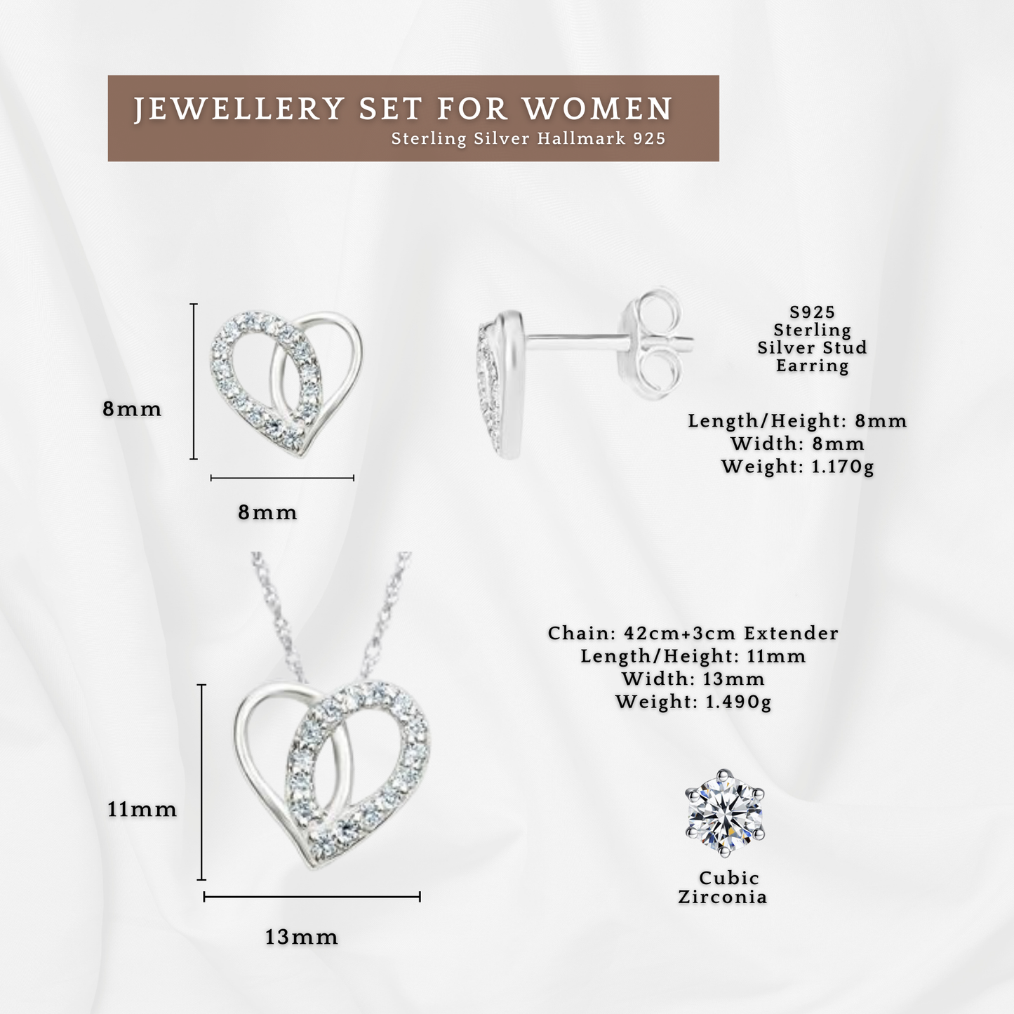 S925 Sterling Silver C/Z Heart Pendant Necklace and Stud Earring Set