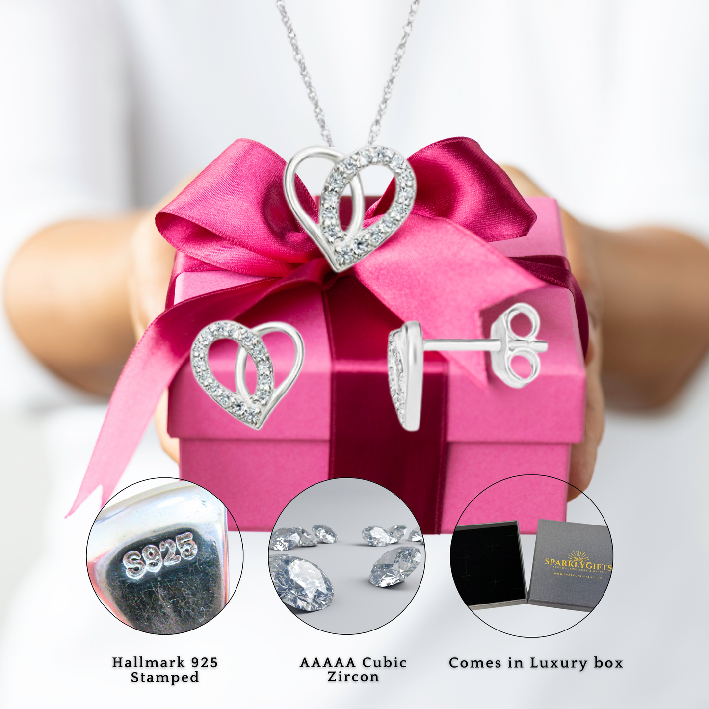 S925 Sterling Silver C/Z Heart Pendant Necklace and Stud Earring Set