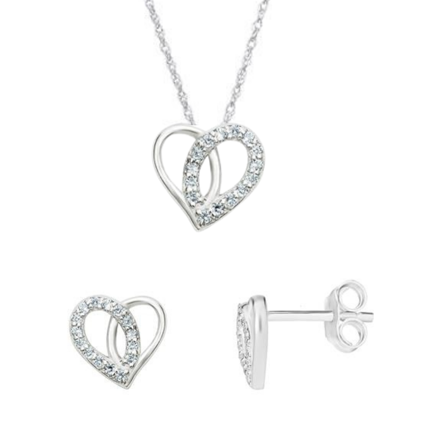 S925 Sterling Silver C/Z Heart Pendant Necklace and Stud Earring Set