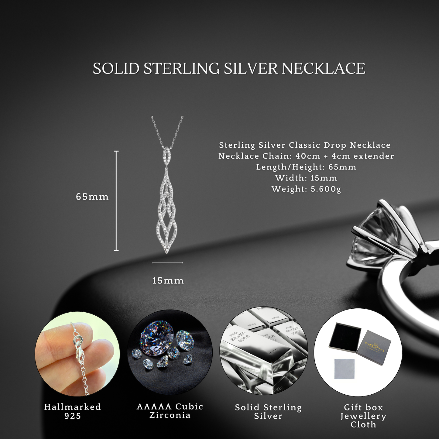 Sterling Silver Cubic Zirconia Classic Drop Pendant Necklace