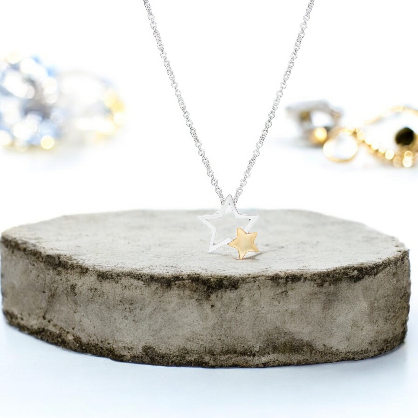 Sterling Silver Gold Plated Two Tone Two Stars Necklace