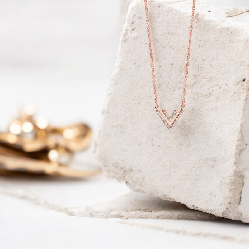 Sterling Silver Rose Gold Cubic Zirconia Linear Triangle Necklace