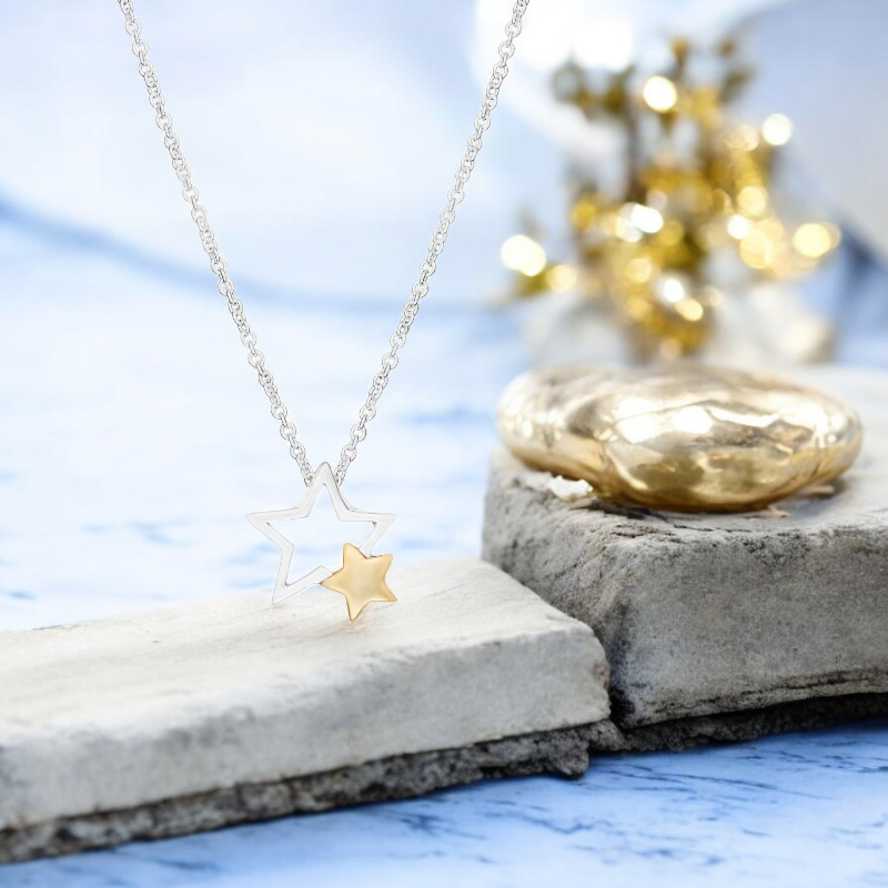 Sterling Silver Gold Plated Two Tone Two Stars Necklace