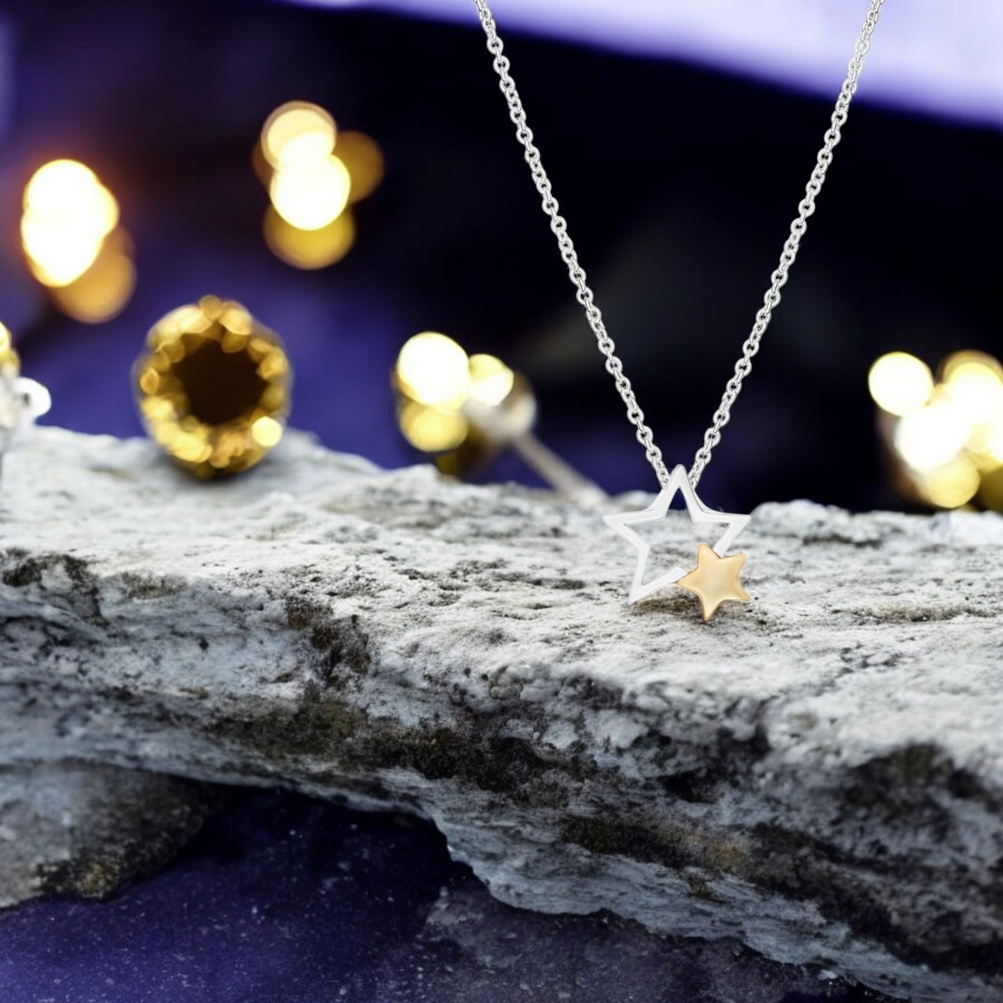 Sterling Silver Gold Plated Two Tone Two Stars Necklace