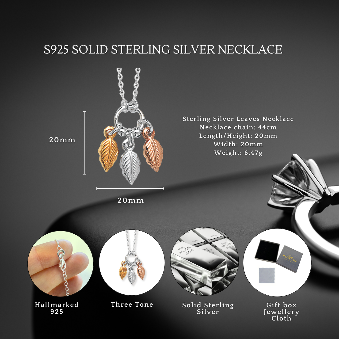 S925 Sterling Silver Three Tone Harmony Leaves