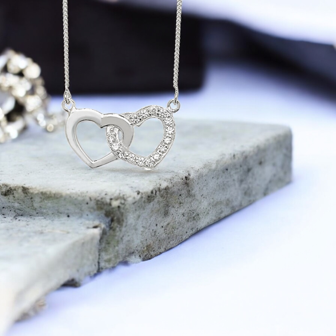 Sterling Silver Cubic Zirconia Linked Double Heart Necklace