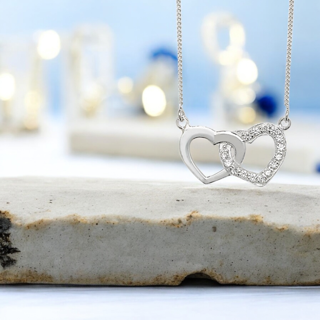 Sterling Silver Cubic Zirconia Linked Double Heart Necklace