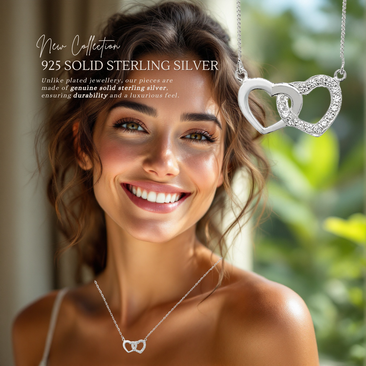Sterling Silver Cubic Zirconia Linked Double Heart Necklace