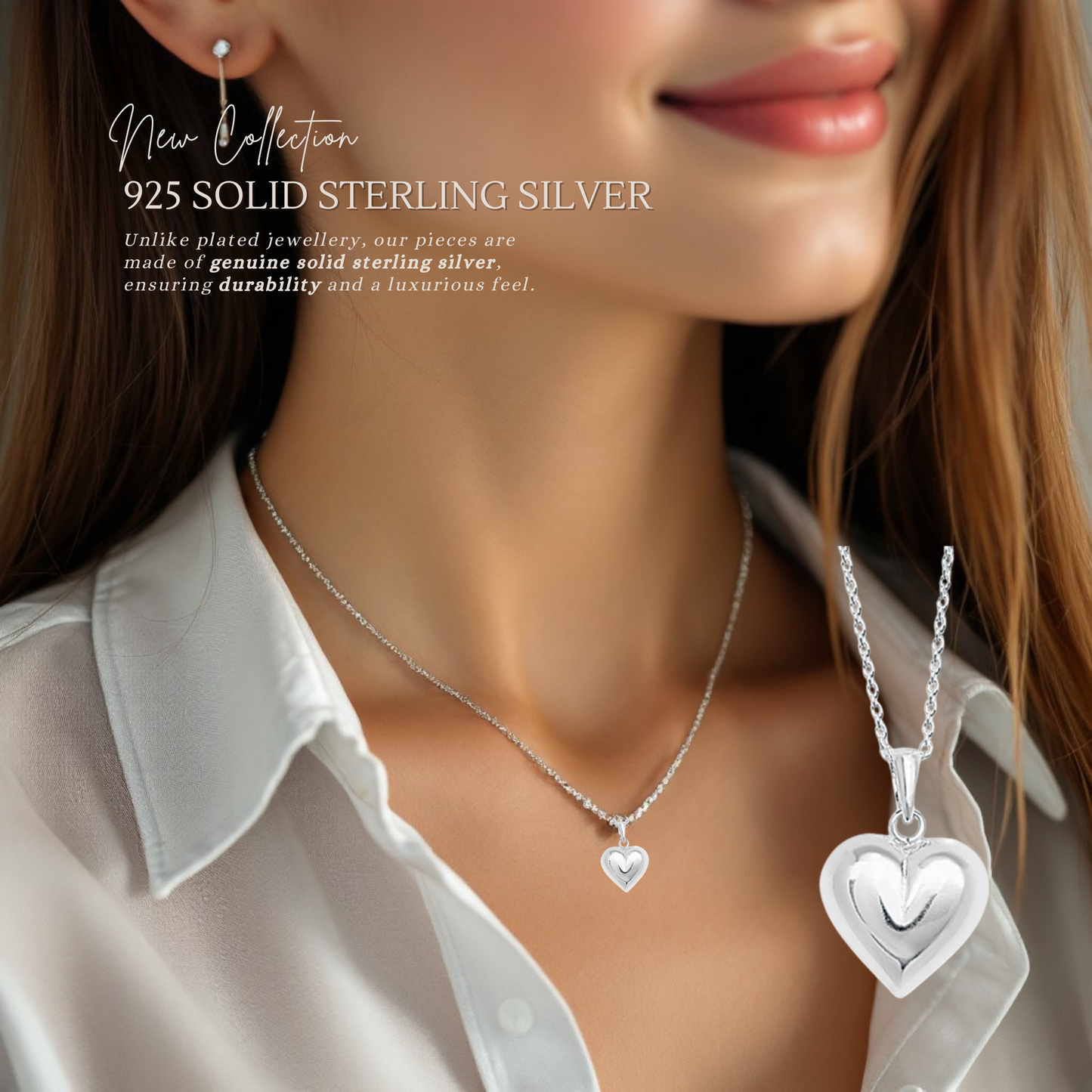 Sterling Silver Plain Puff Heart Necklace