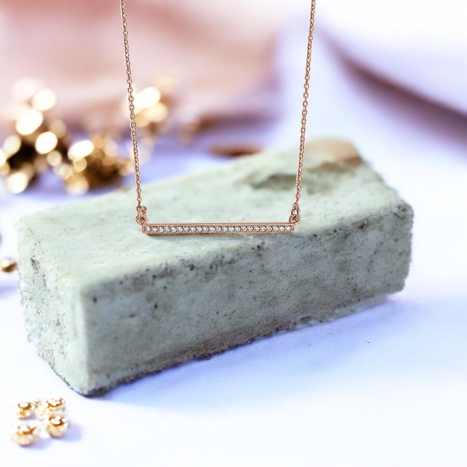 Sterling Silver Rose Gold Plated Cubic Zirconia Bar Necklace