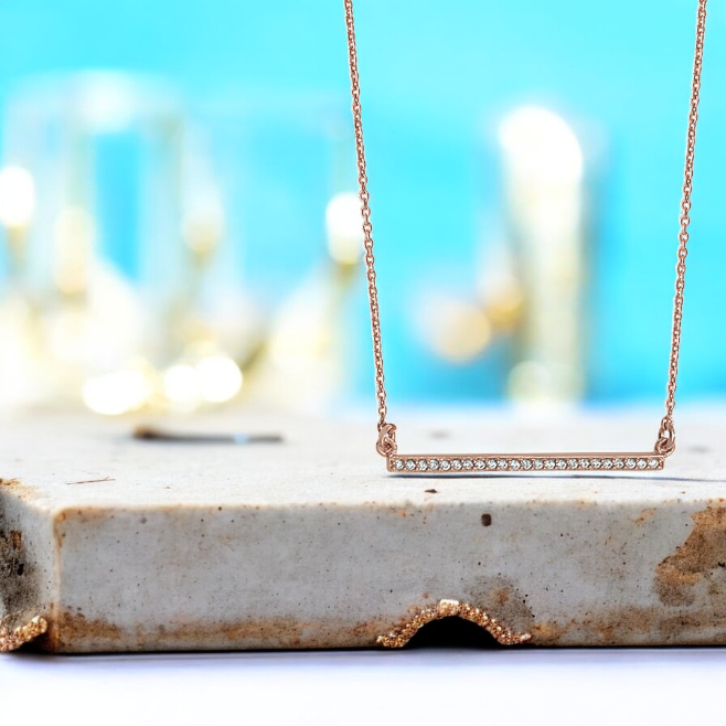 Sterling Silver Rose Gold Plated Cubic Zirconia Bar Necklace