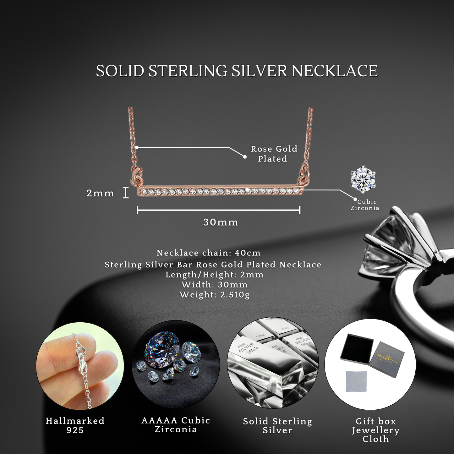 Sterling Silver Rose Gold Plated Cubic Zirconia Bar Necklace