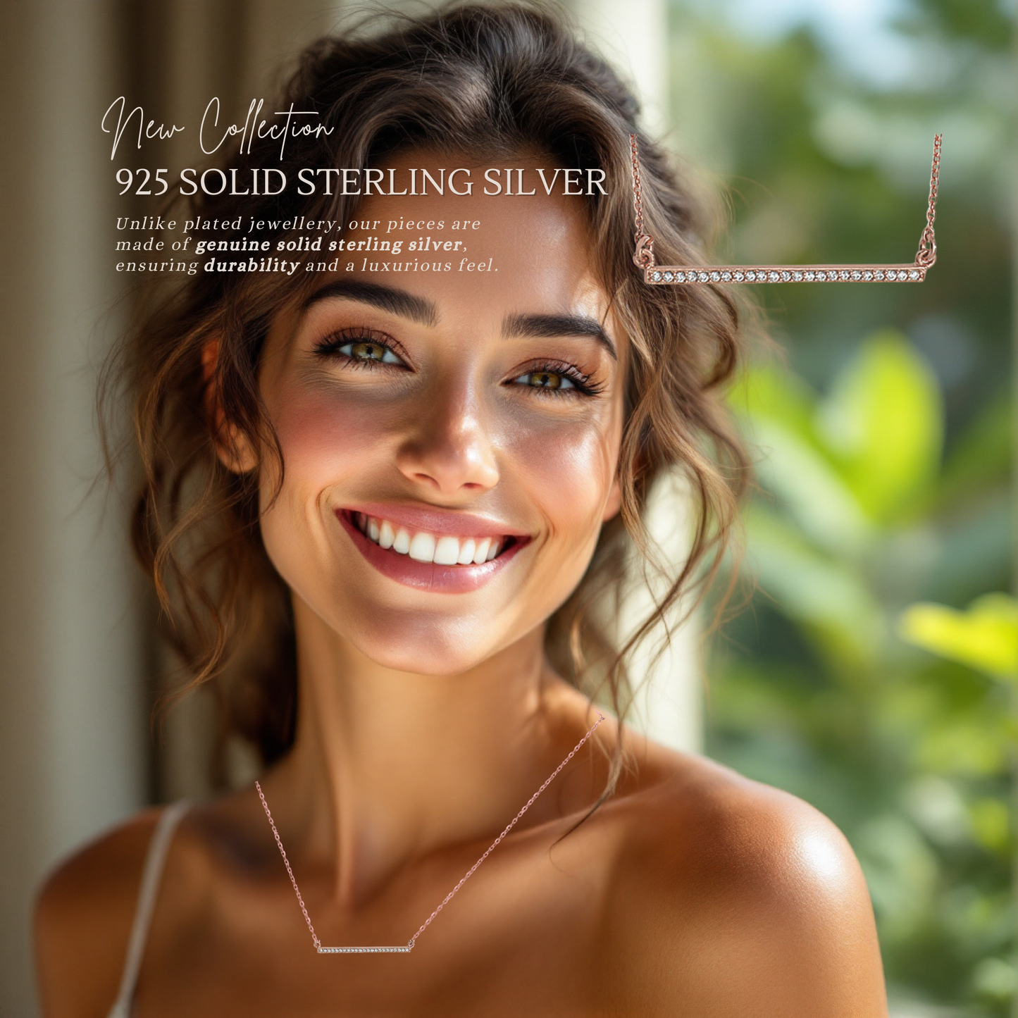Sterling Silver Rose Gold Plated Cubic Zirconia Bar Necklace