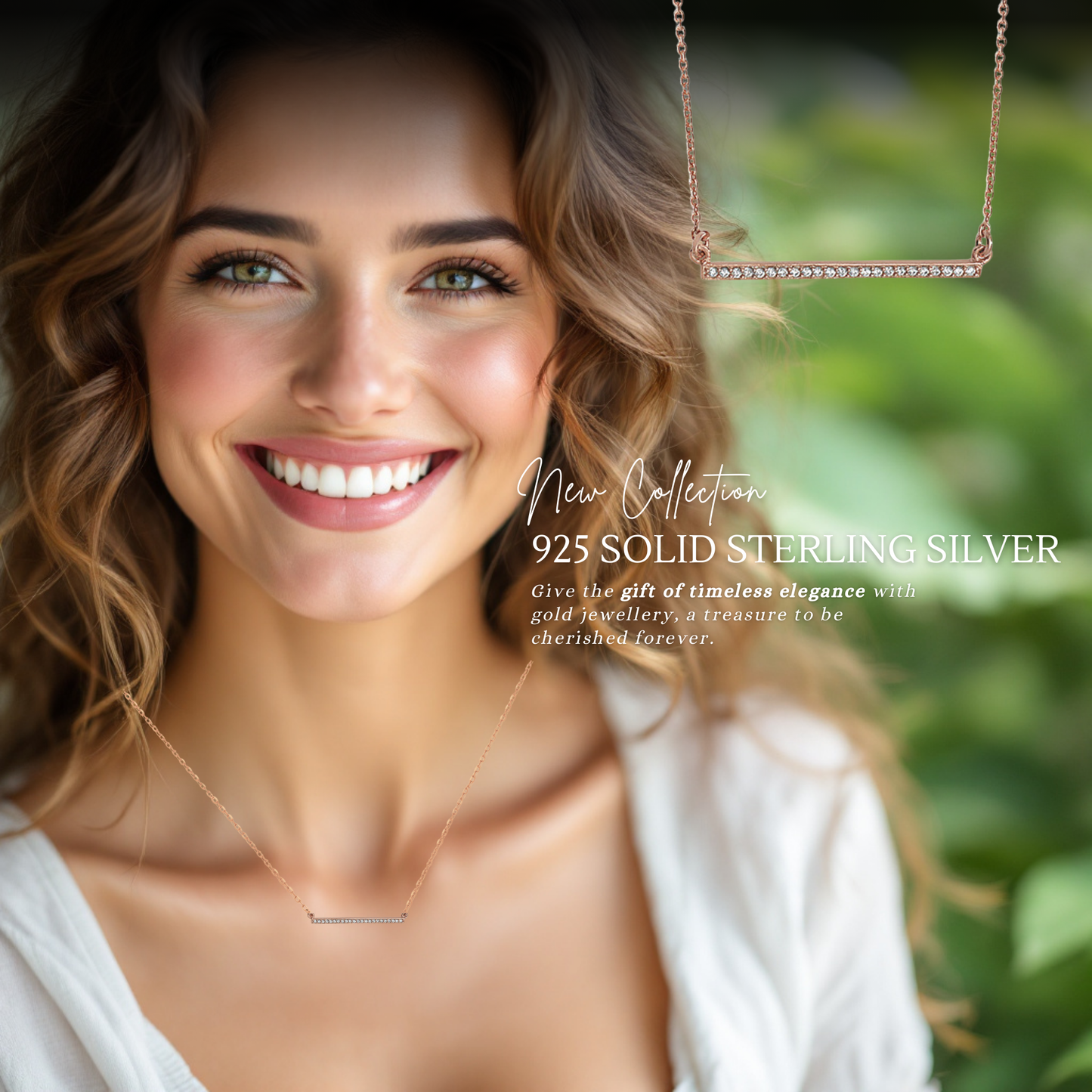 Sterling Silver Rose Gold Plated Cubic Zirconia Bar Necklace