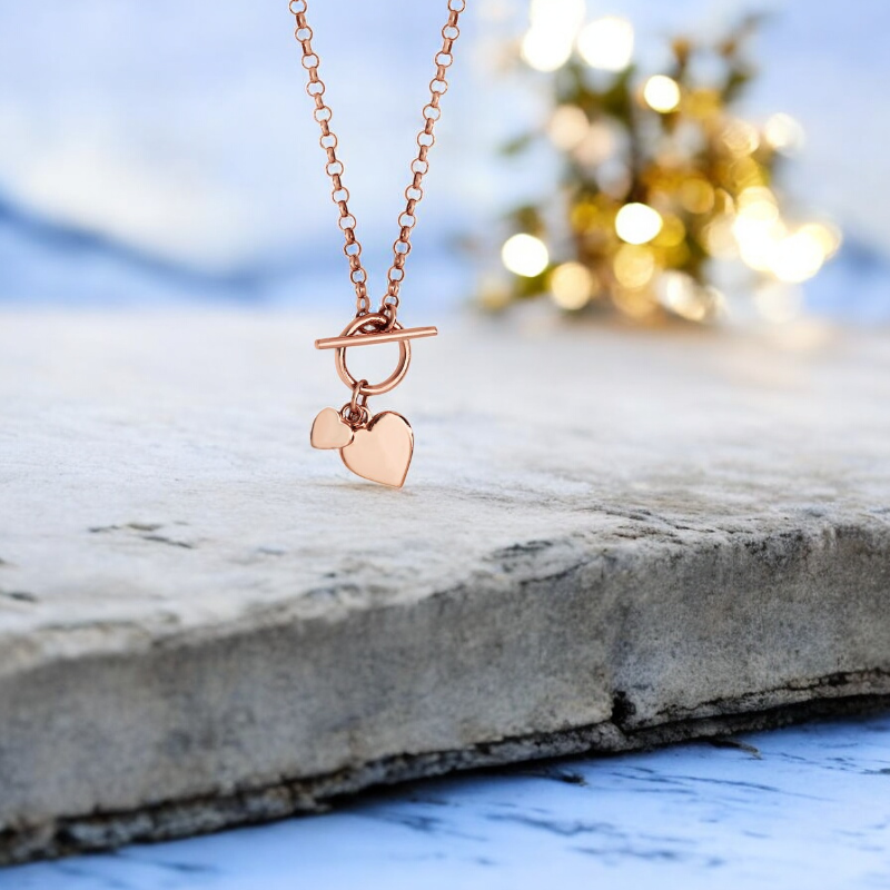 Sterling Silver Rose Gold Plated T-bar Hearts Necklace