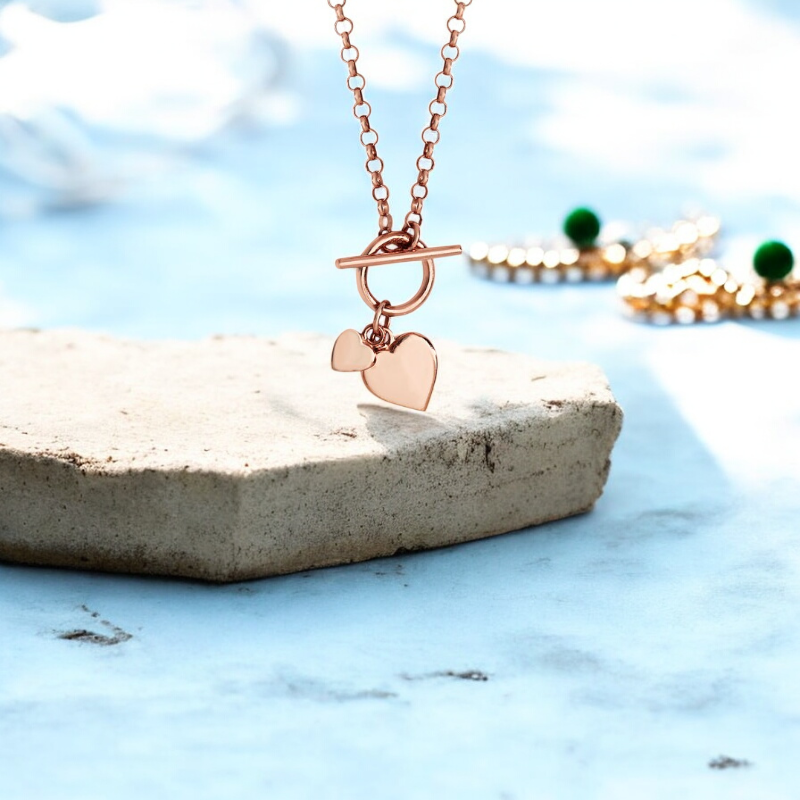 Sterling Silver Rose Gold Plated T-bar Hearts Necklace