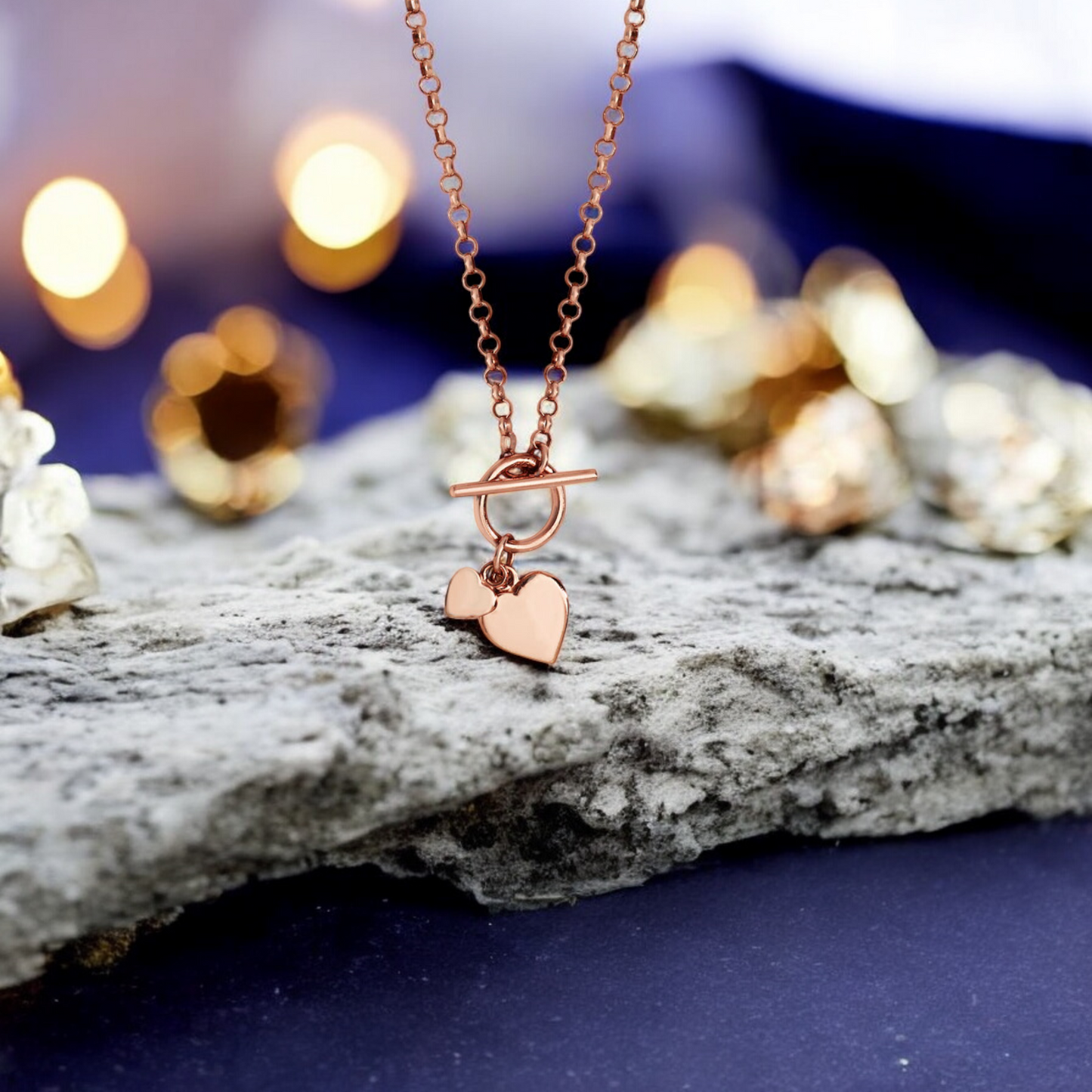 Sterling Silver Rose Gold Plated T-bar Hearts Necklace