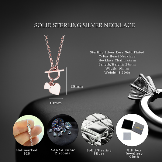 Sterling Silver Rose Gold Plated T-bar Hearts Necklace