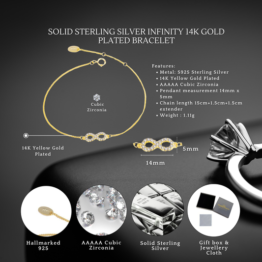 Sterling Silver Infinity 14K Gold Plated Cubic Zirconia Bracelet