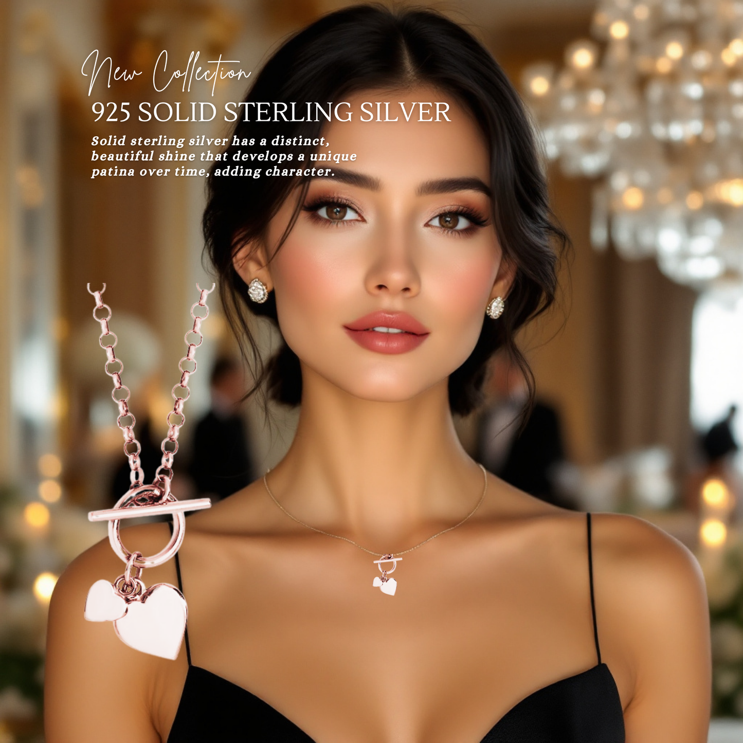 Sterling Silver Rose Gold Plated T-bar Hearts Necklace