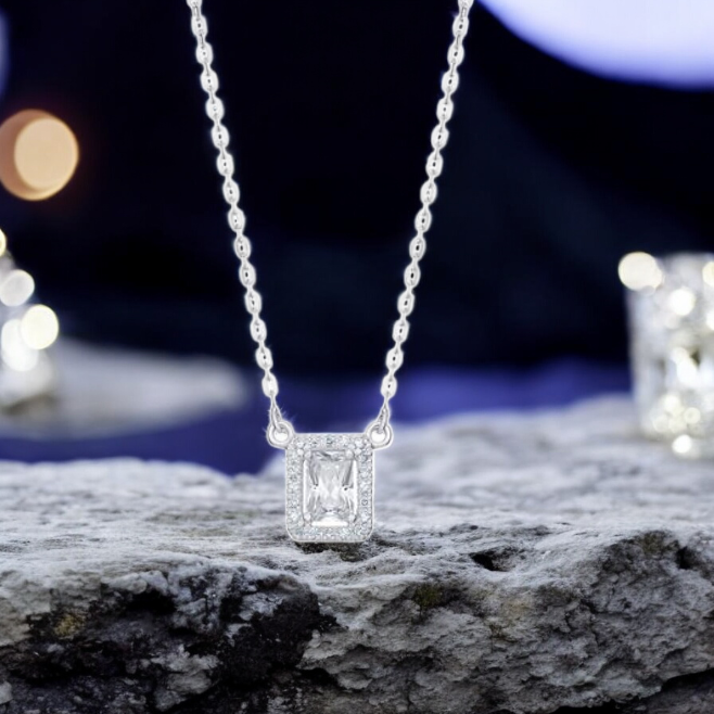 Sterling Silver Cubic Zirconia Square 9mm Princess Cut Necklace
