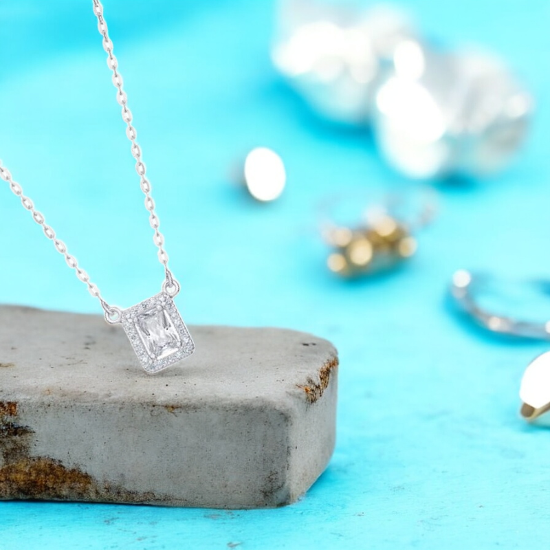 Sterling Silver Cubic Zirconia Square 9mm Princess Cut Necklace
