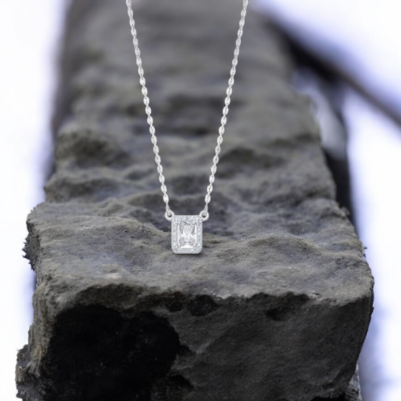 Sterling Silver Cubic Zirconia Square 9mm Princess Cut Necklace