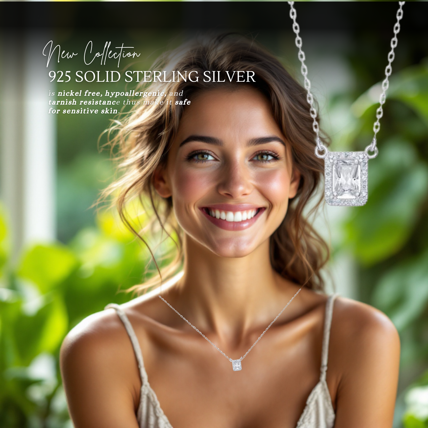 Sterling Silver Cubic Zirconia Square 9mm Princess Cut Necklace