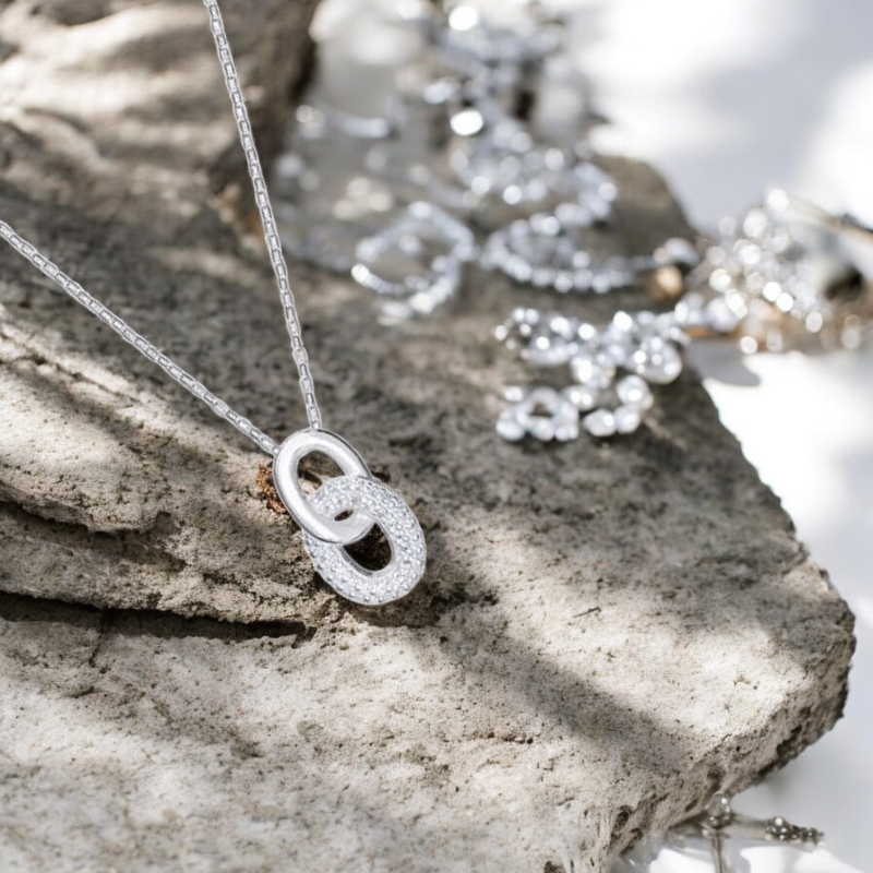 Sterling Silver Cubic Zirconia Interlocking Link Necklace