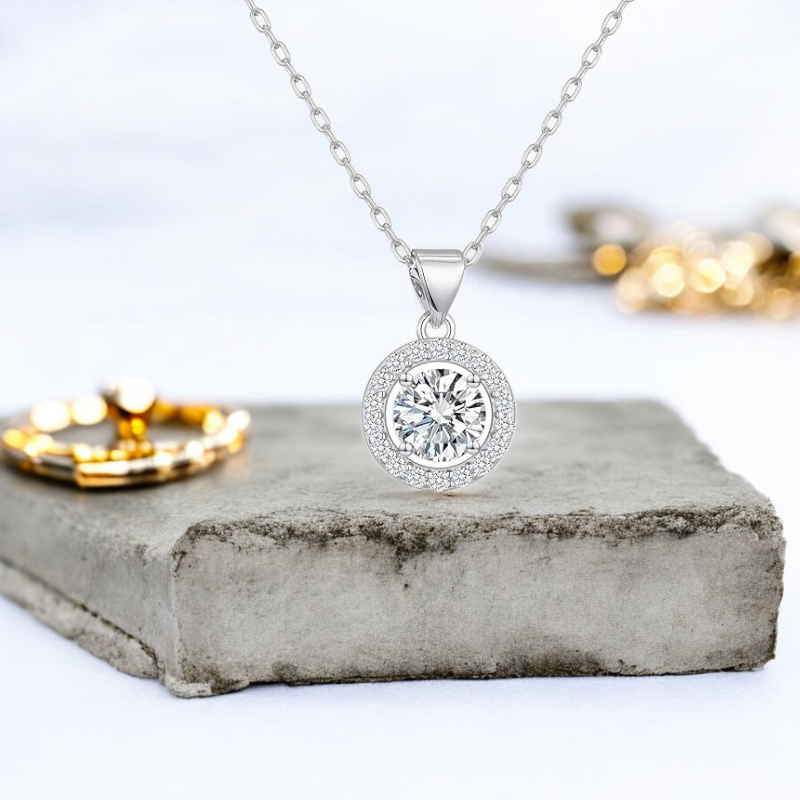 Sterling Silver Cubic Zirconia Halo 13mm Necklace