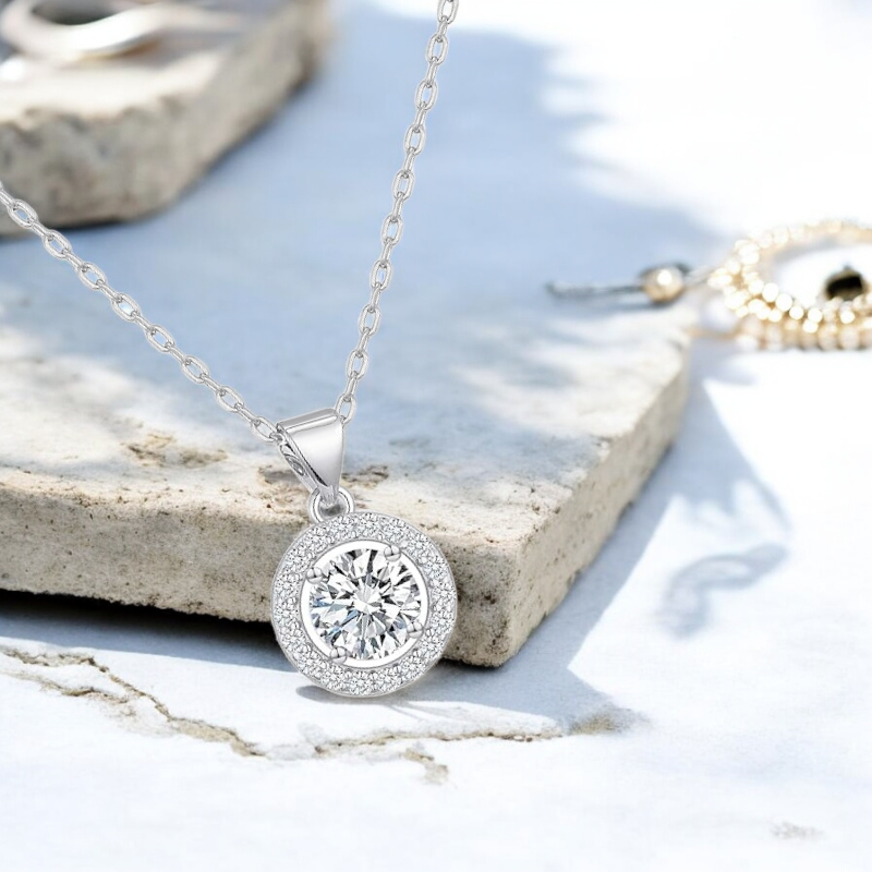 Sterling Silver Cubic Zirconia Halo 13mm Necklace