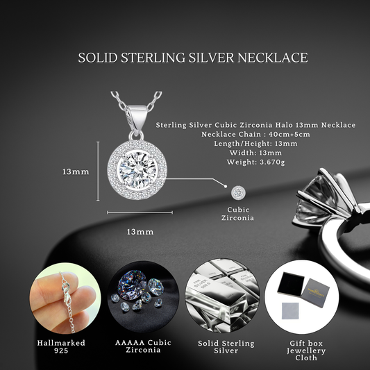 Sterling Silver Cubic Zirconia Halo 13mm Necklace