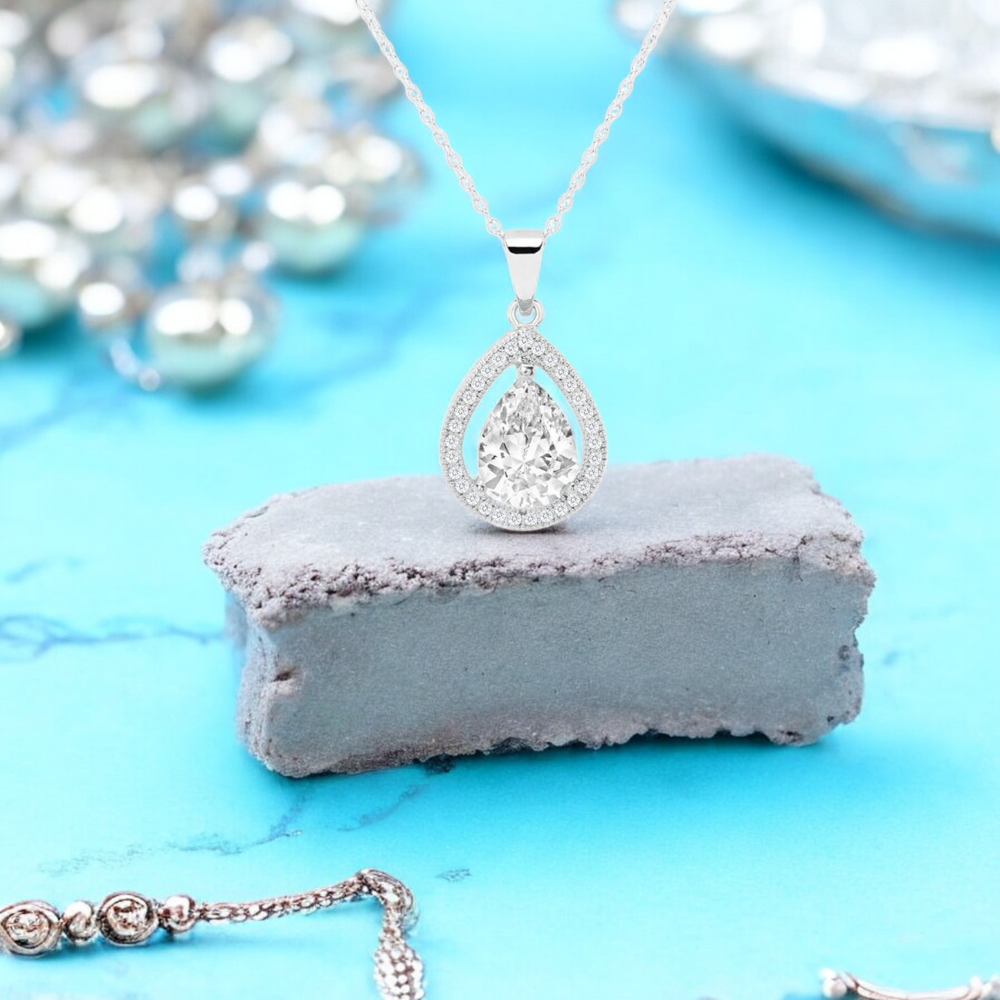 Sterling Silver Cubic Zirconia Tear Drop Pendant Necklace