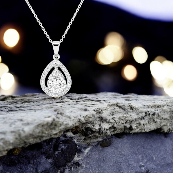 Sterling Silver Cubic Zirconia Tear Drop Pendant Necklace