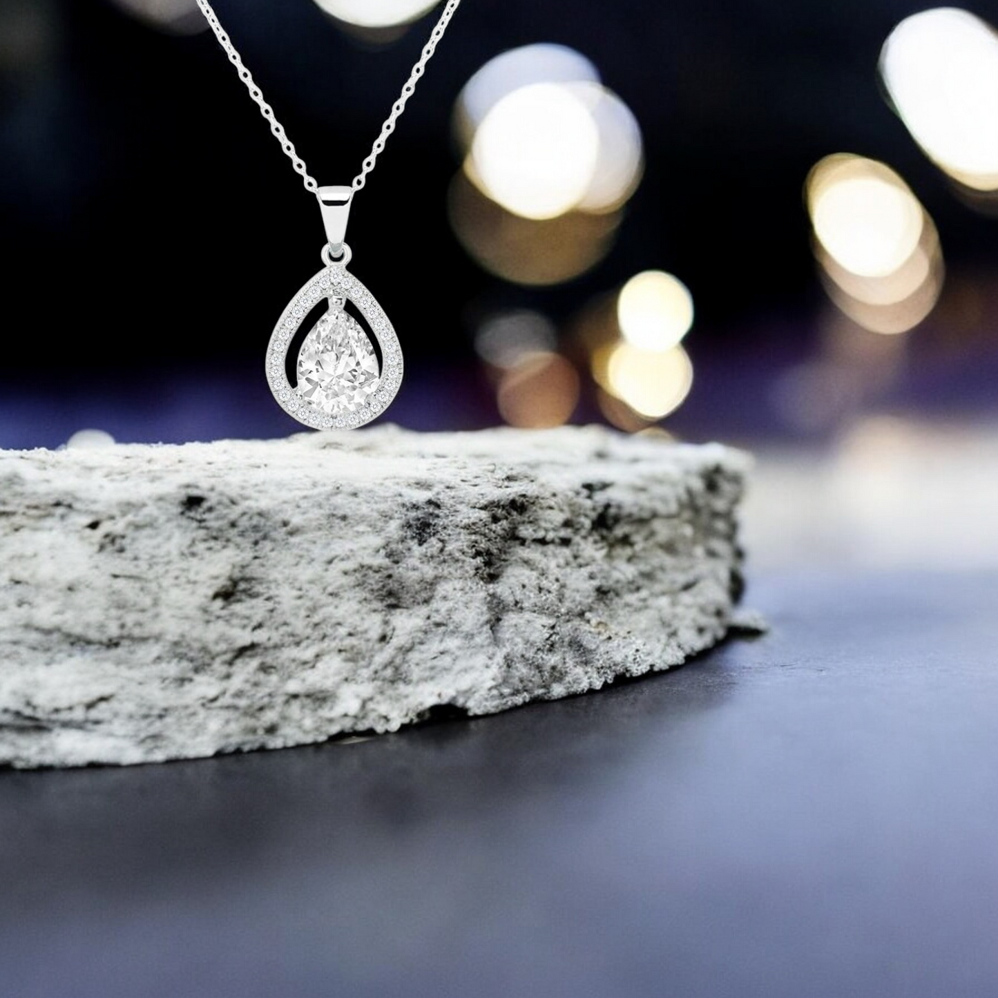 Sterling Silver Cubic Zirconia Tear Drop Pendant Necklace