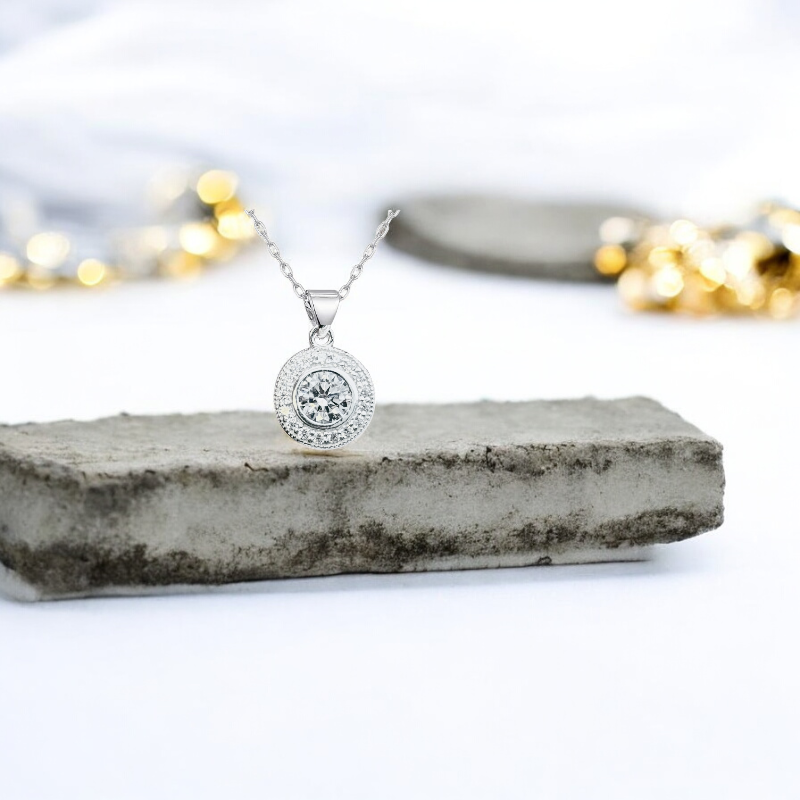 Sterling Silver Cubic Zirconia Halo 12mm Necklace
