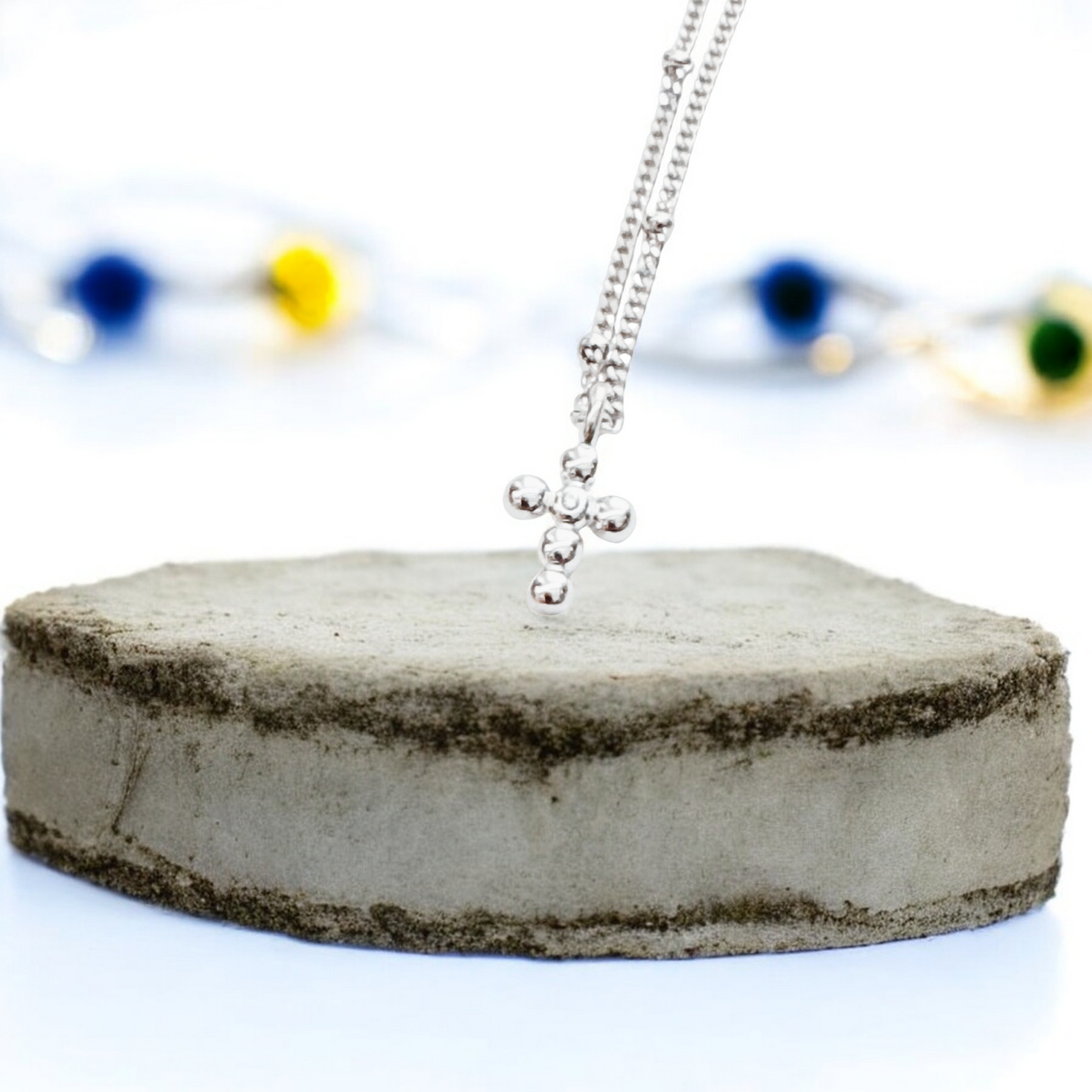 Sterling Silver Beaded Curb Chain With Cross Necklace