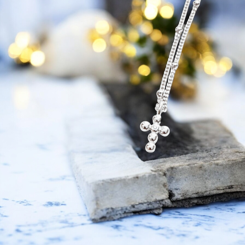 Sterling Silver Beaded Curb Chain With Cross Necklace