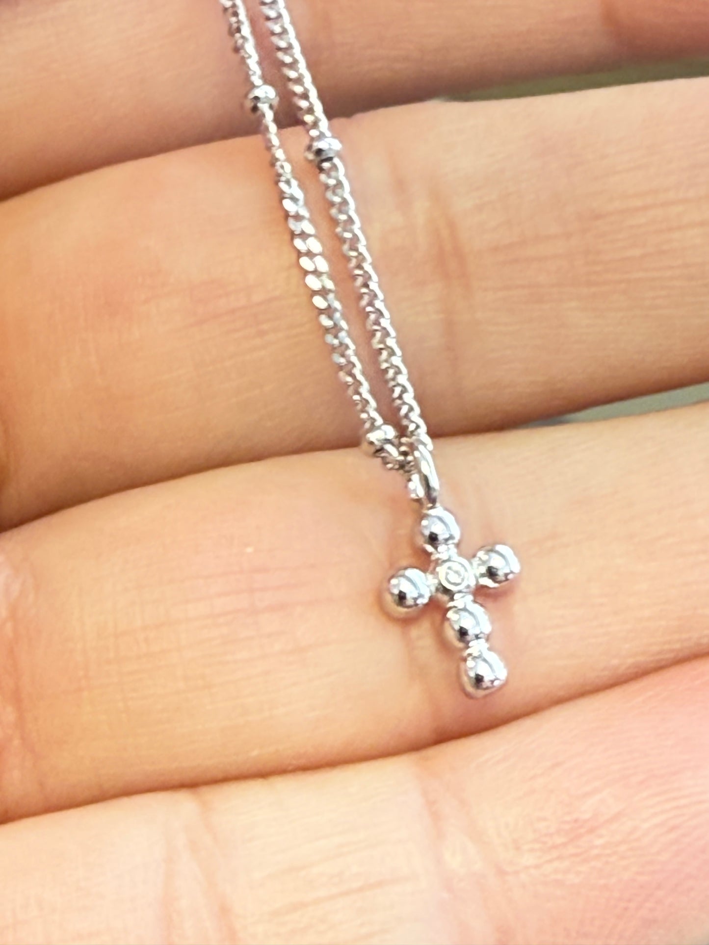 Sterling Silver Beaded Curb Chain With Cross Necklace