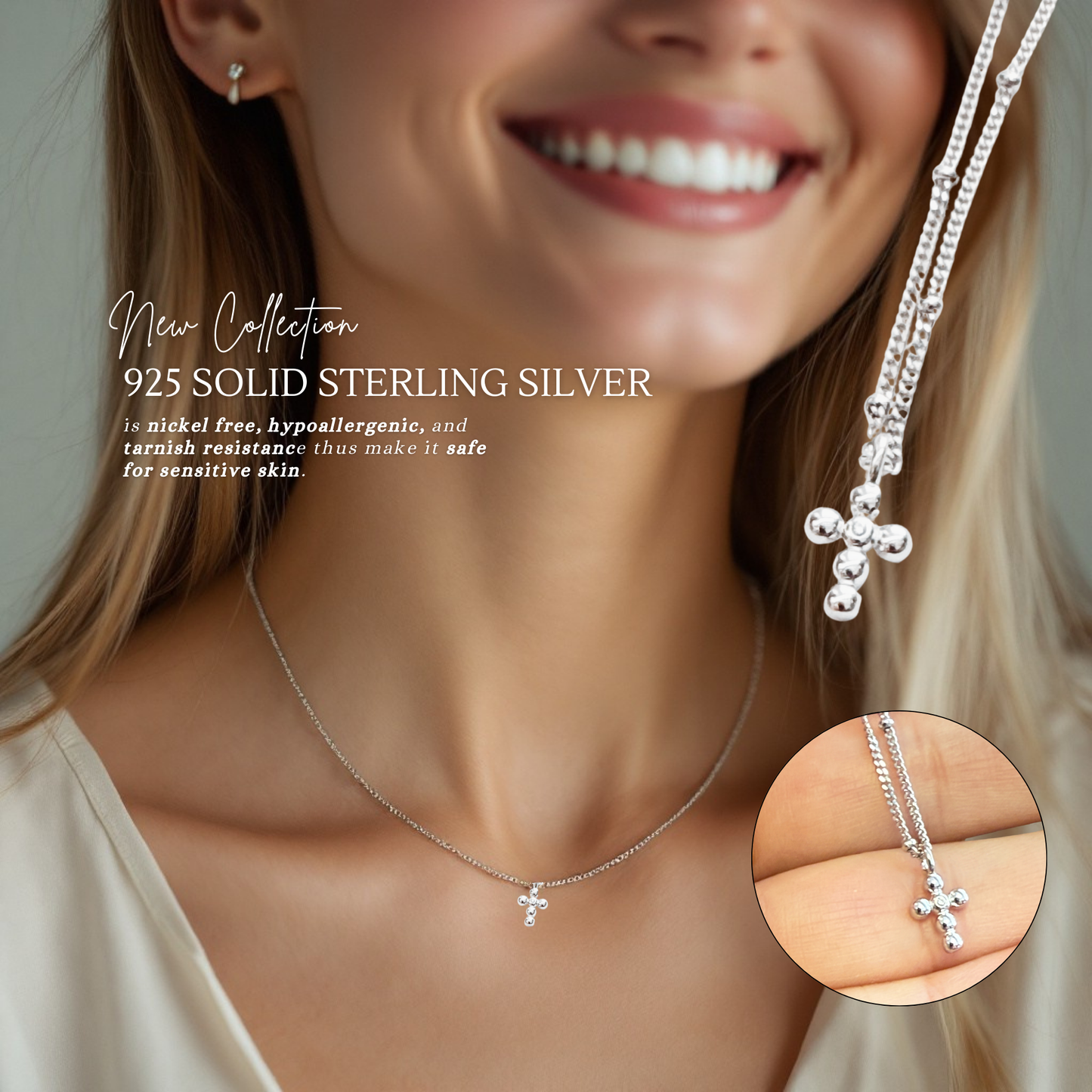 Sterling Silver Beaded Curb Chain With Cross Necklace