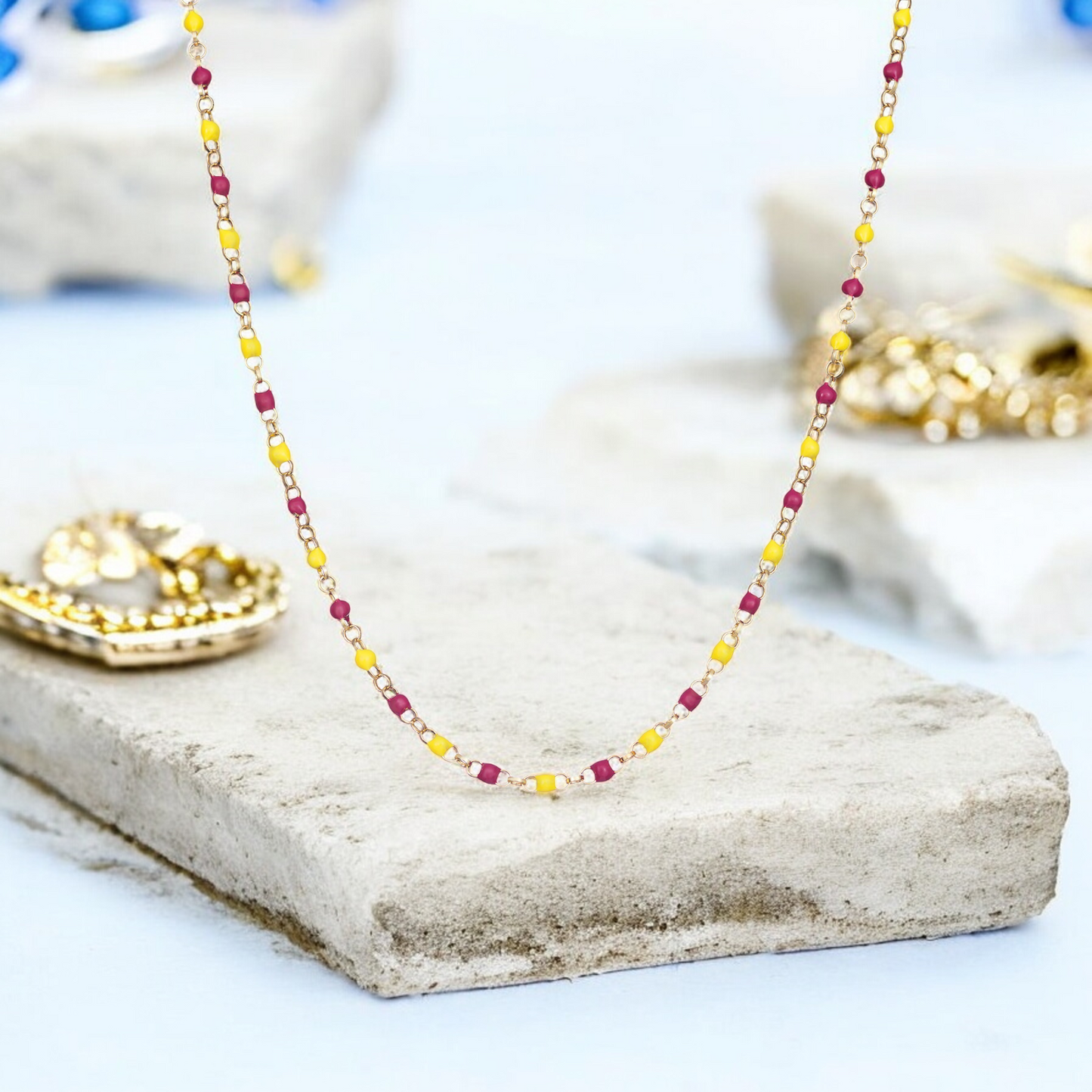 Sterling Silver Gold Plated Enamel Red and Yellow Beaded Necklace