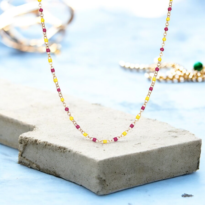 Sterling Silver Gold Plated Enamel Red and Yellow Beaded Necklace