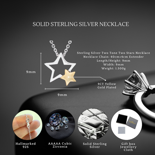 Sterling Silver Gold Plated Two Tone Two Stars Necklace