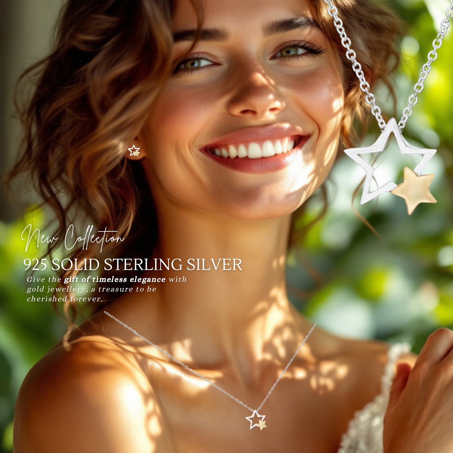 Sterling Silver Gold Plated Two Tone Two Stars Necklace