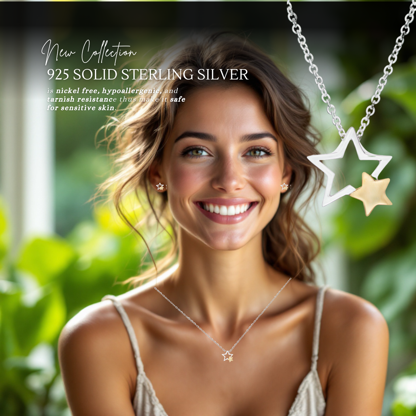 Sterling Silver Gold Plated Two Tone Two Stars Necklace
