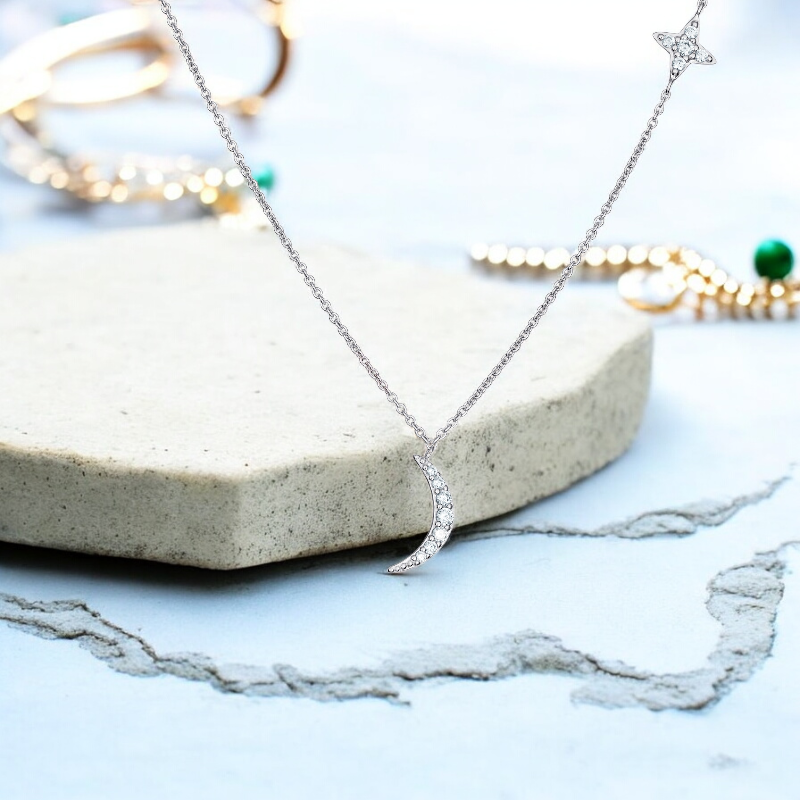 Sterling Silver Cubic Zirconia Moon Star Necklace