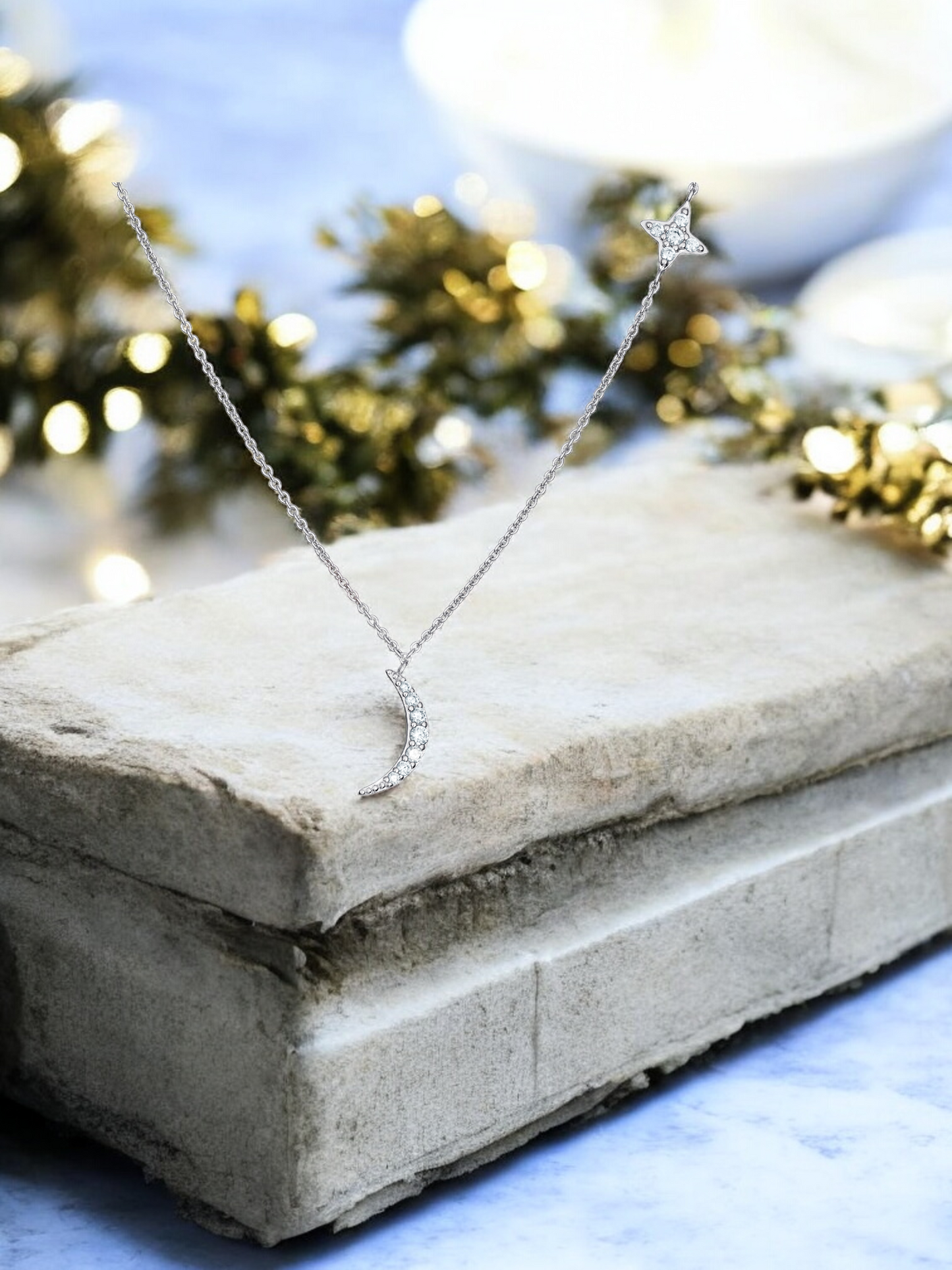 Sterling Silver Cubic Zirconia Moon Star Necklace